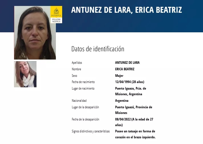 La desaparición de Érica Antúnez de Lara de Puerto Iguazu con alerta amarillla de Interpol