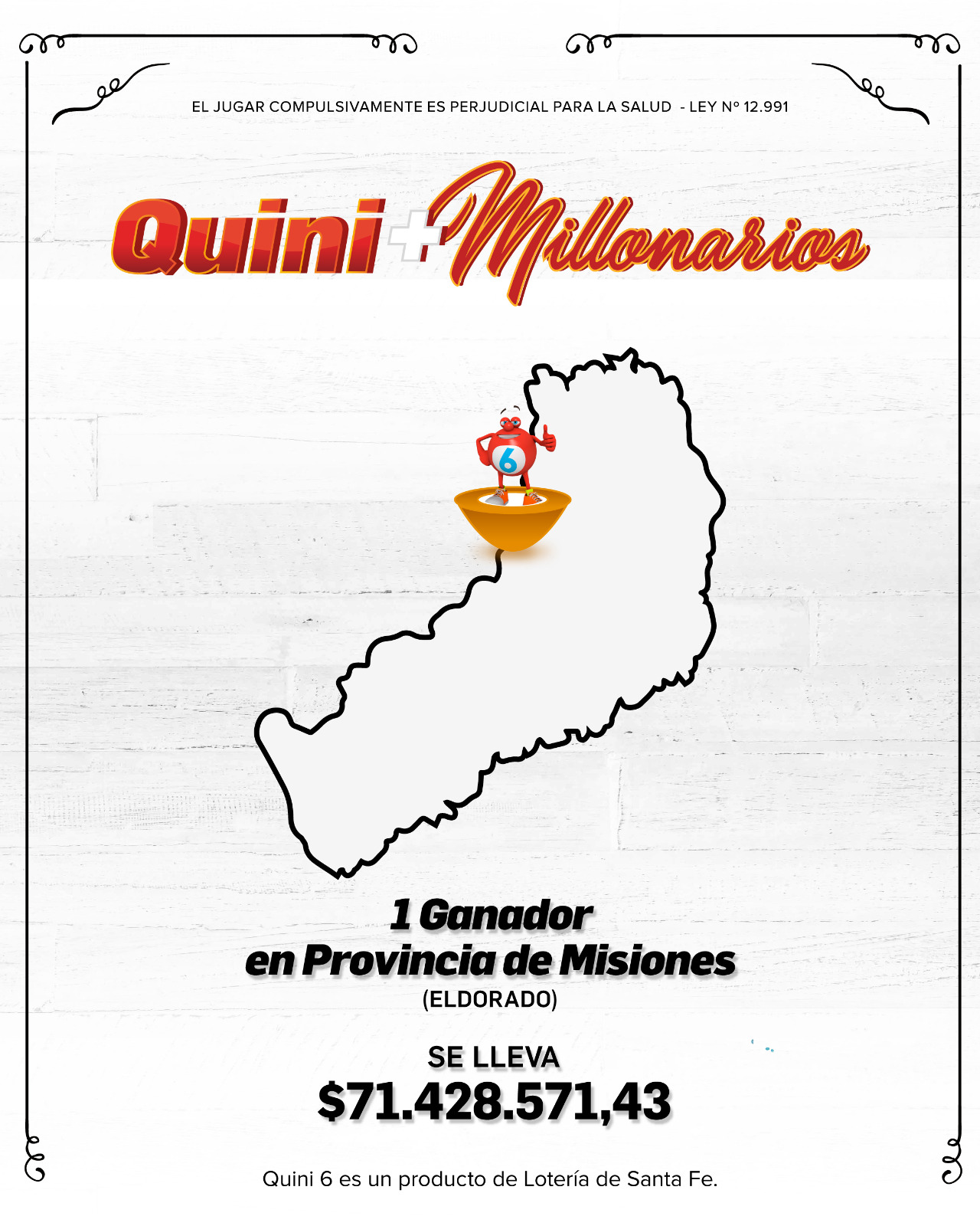Jubilado de Eldorado se quedó con el millonario premio de Quini 6