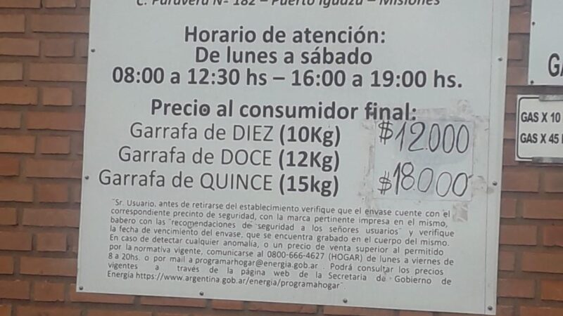 Iguazú: La garrafa de gas de 10kg cuesta 12 mil pesos en la distribuidora