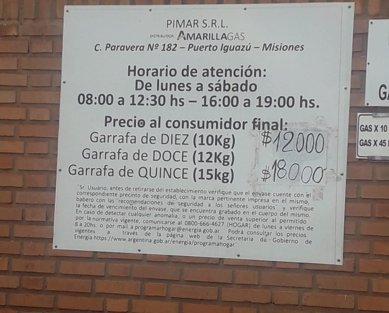 Iguazú: La garrafa de gas de 10kg cuesta 12 mil pesos en la distribuidora