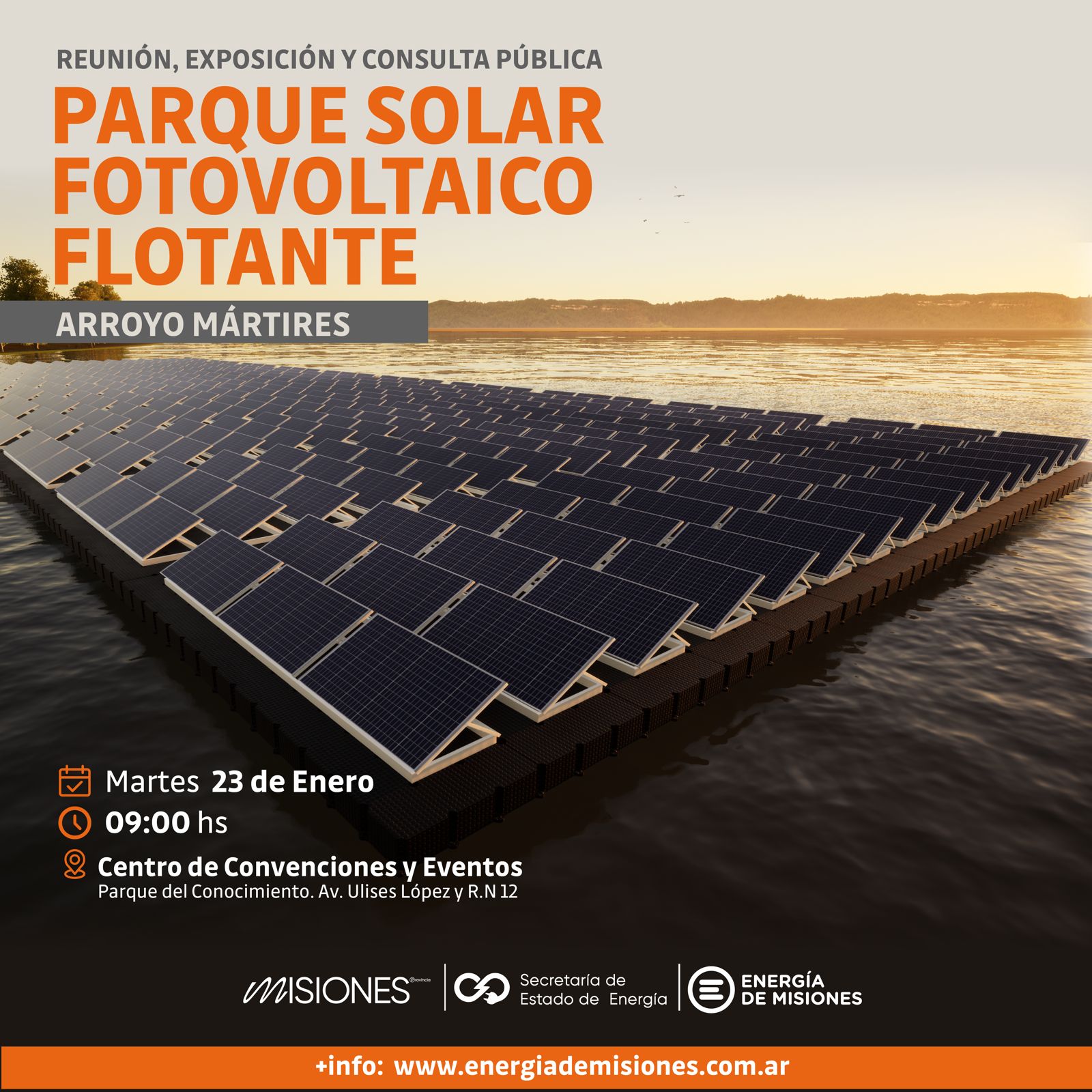 Convocan a audiencia publica por el Proyecto “Parque Solar Fotovoltaico Flotante – Arroyo Mártires”