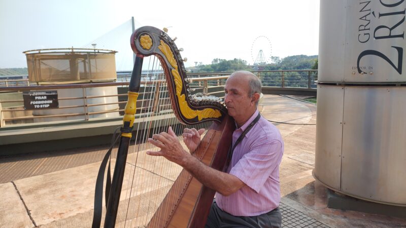 Aprendió a tocar el arpa solo y ahora deleita a los turistas con su música